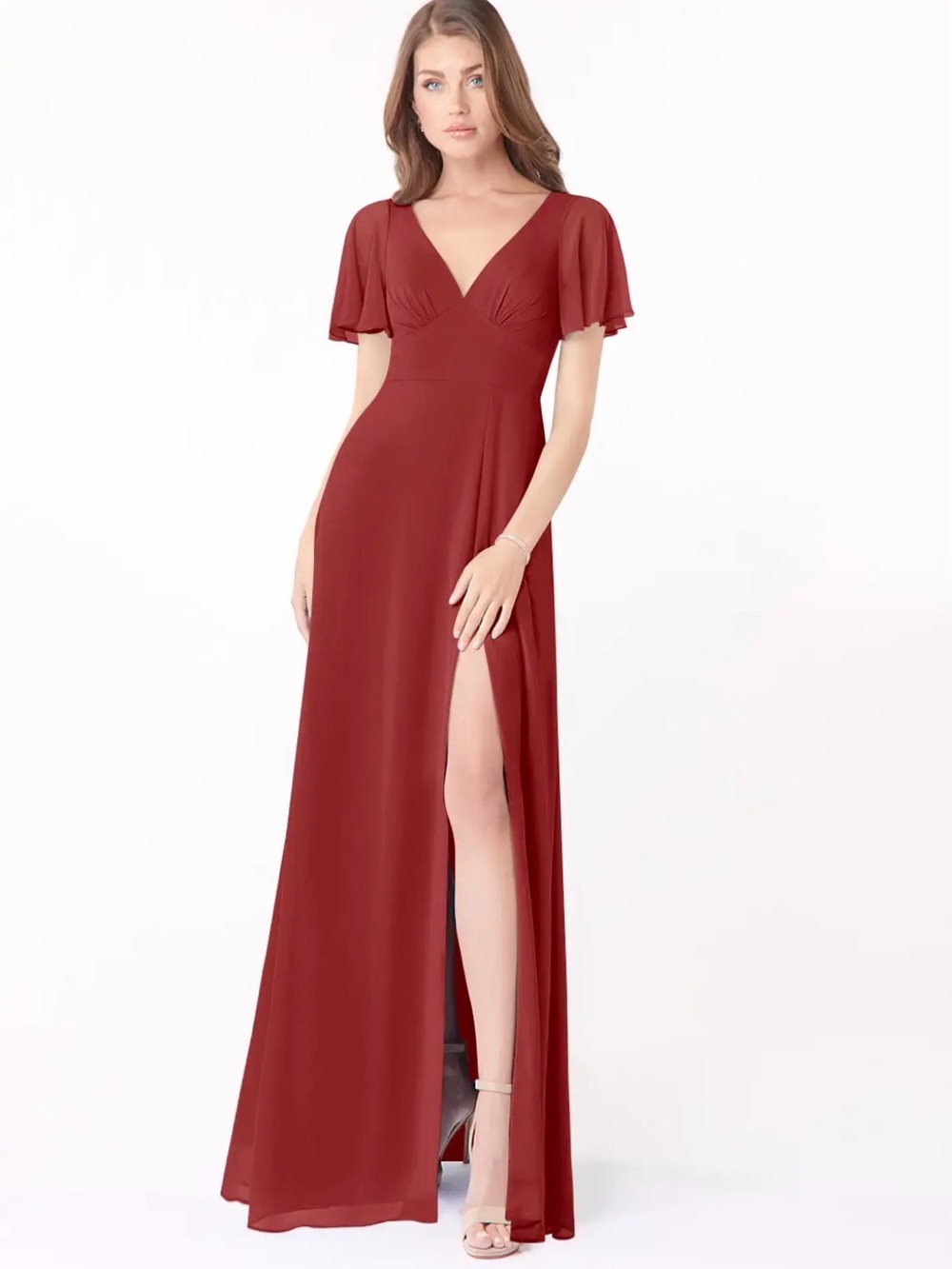 Azazie Kimber Rust I Elegant V-Neck Flutter Sleeve Maxi Dress in Color Rust